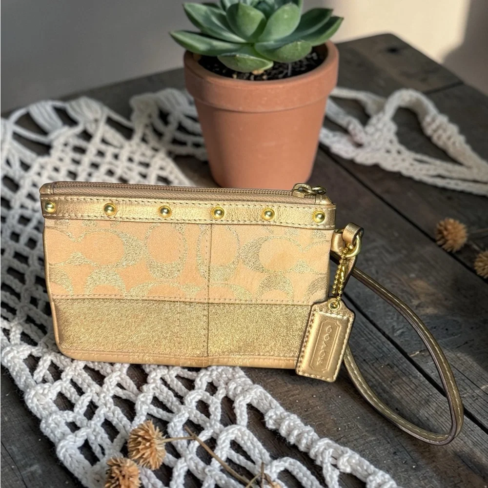 Coach Signature Stud Metallic Gold Lurex Wristlet ✨💛 - Picture 2 of 7